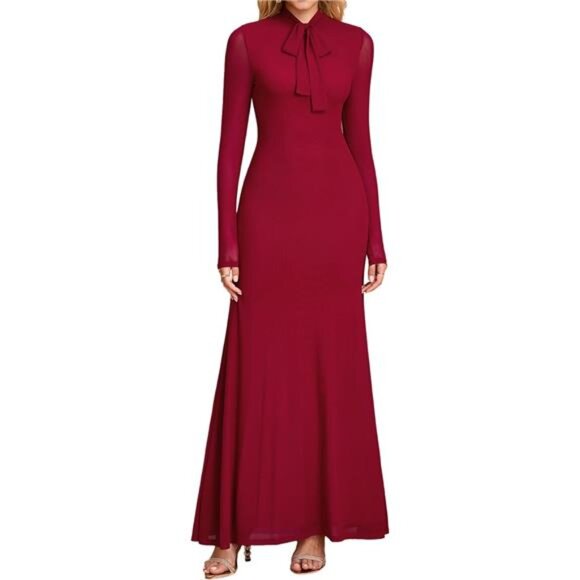 Women's Fall Long Sleeve Bow Tie Neck Formal Maxi Dress A Line Flowy Long - Picture 1 of 7